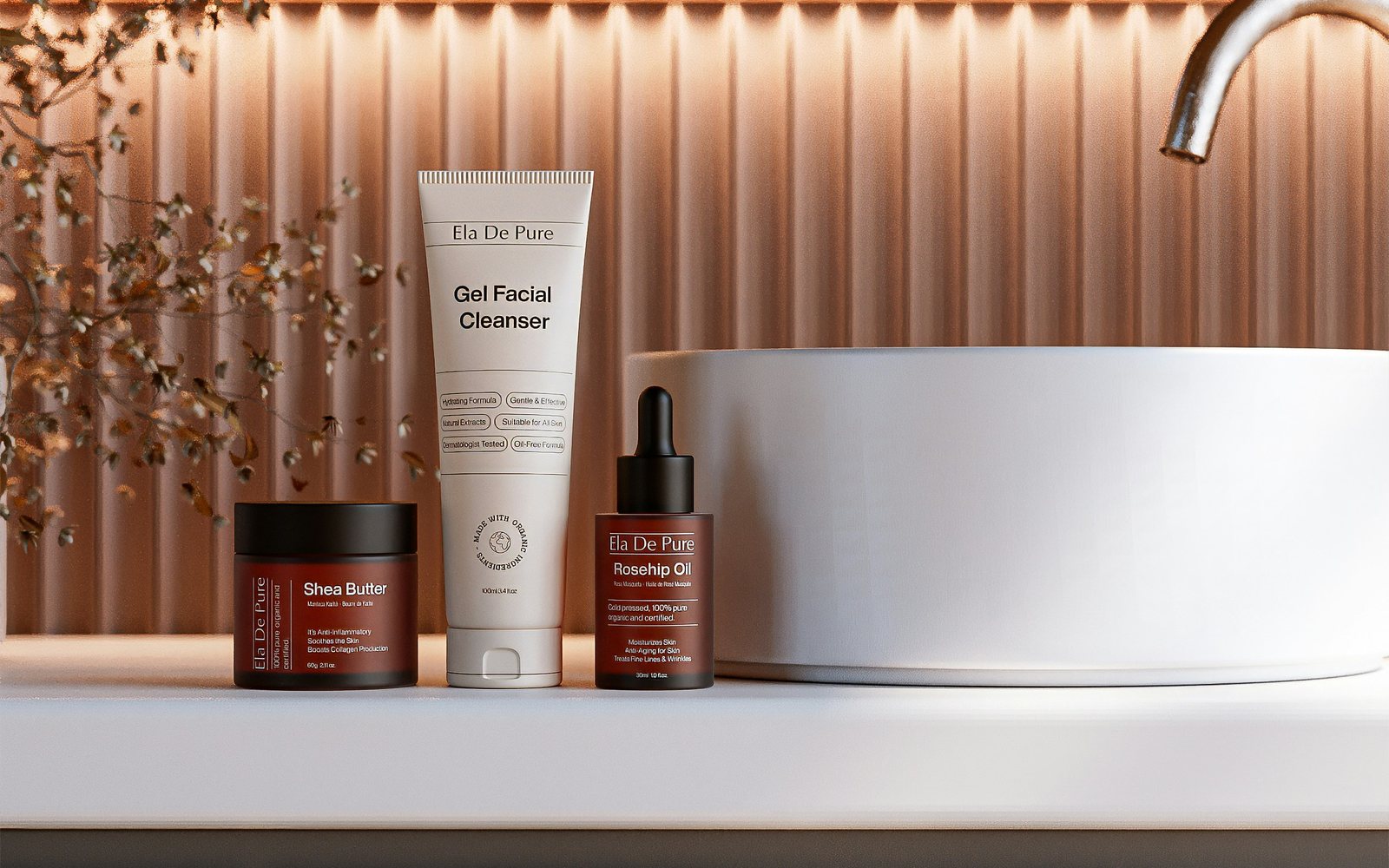 Premium skincare products arranged in a modern bathroom setting