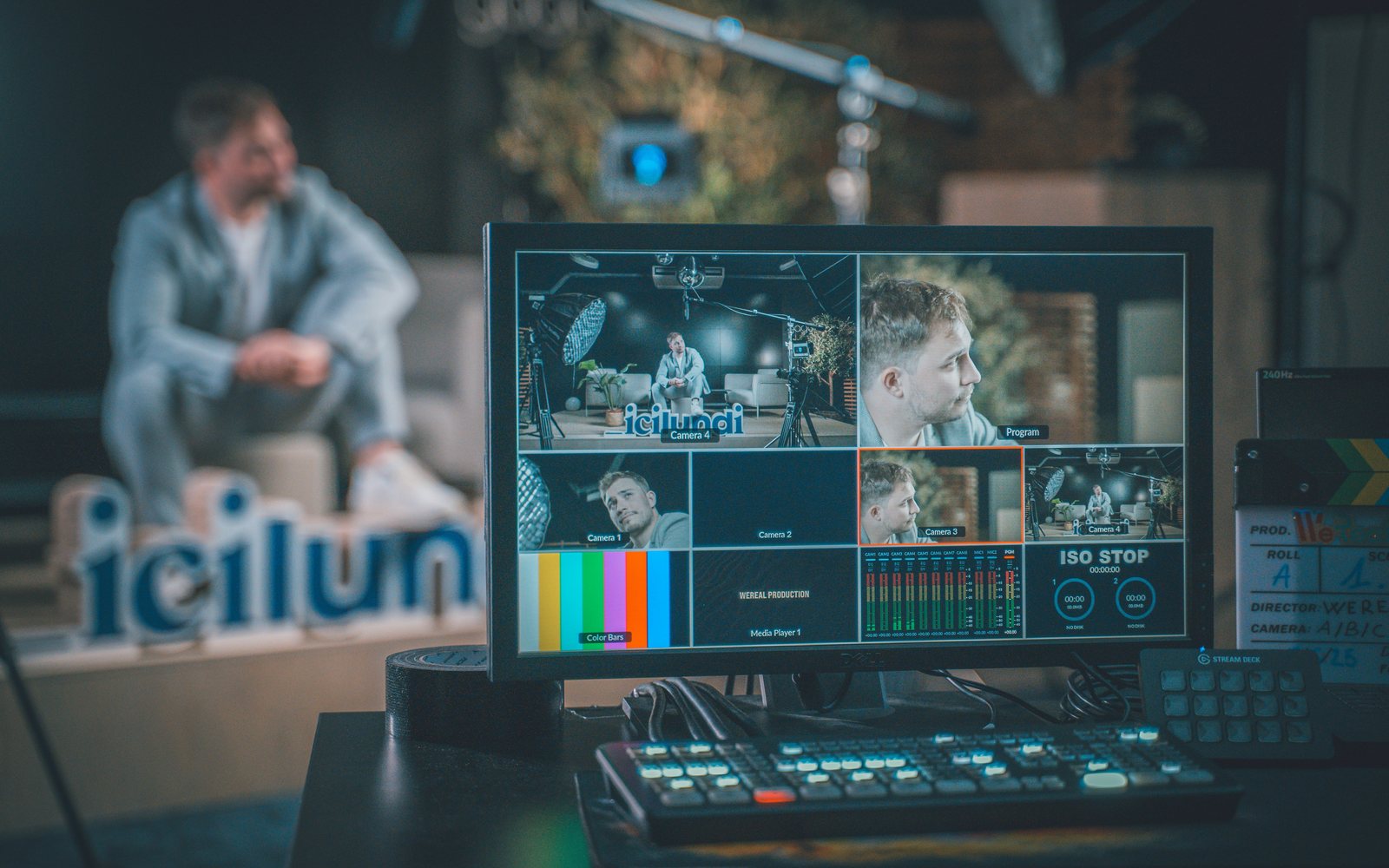 Professional video production control room monitoring multiple content feeds